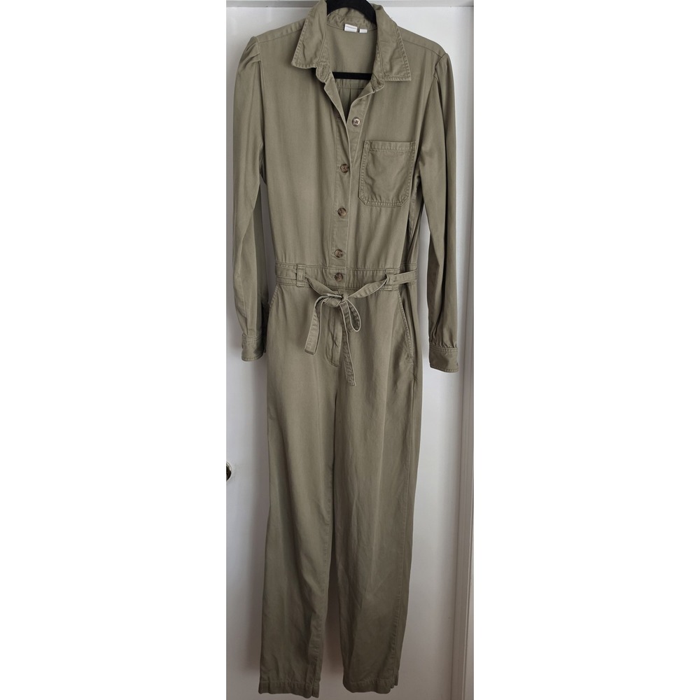 Gap Jumpsuit Women Size 10 Tall Olive Solid Collared Long Sleeve Romper